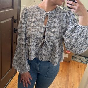 Elegant Tweed Blouse with Keyhole Design